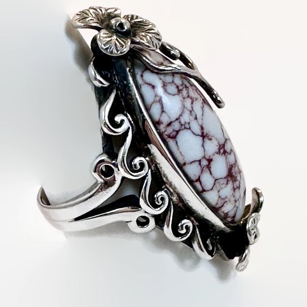 Statement Ring, Wild Horse Turquoise, Sterling Silver, Magnesite, Flowers - Picture 5 of 7